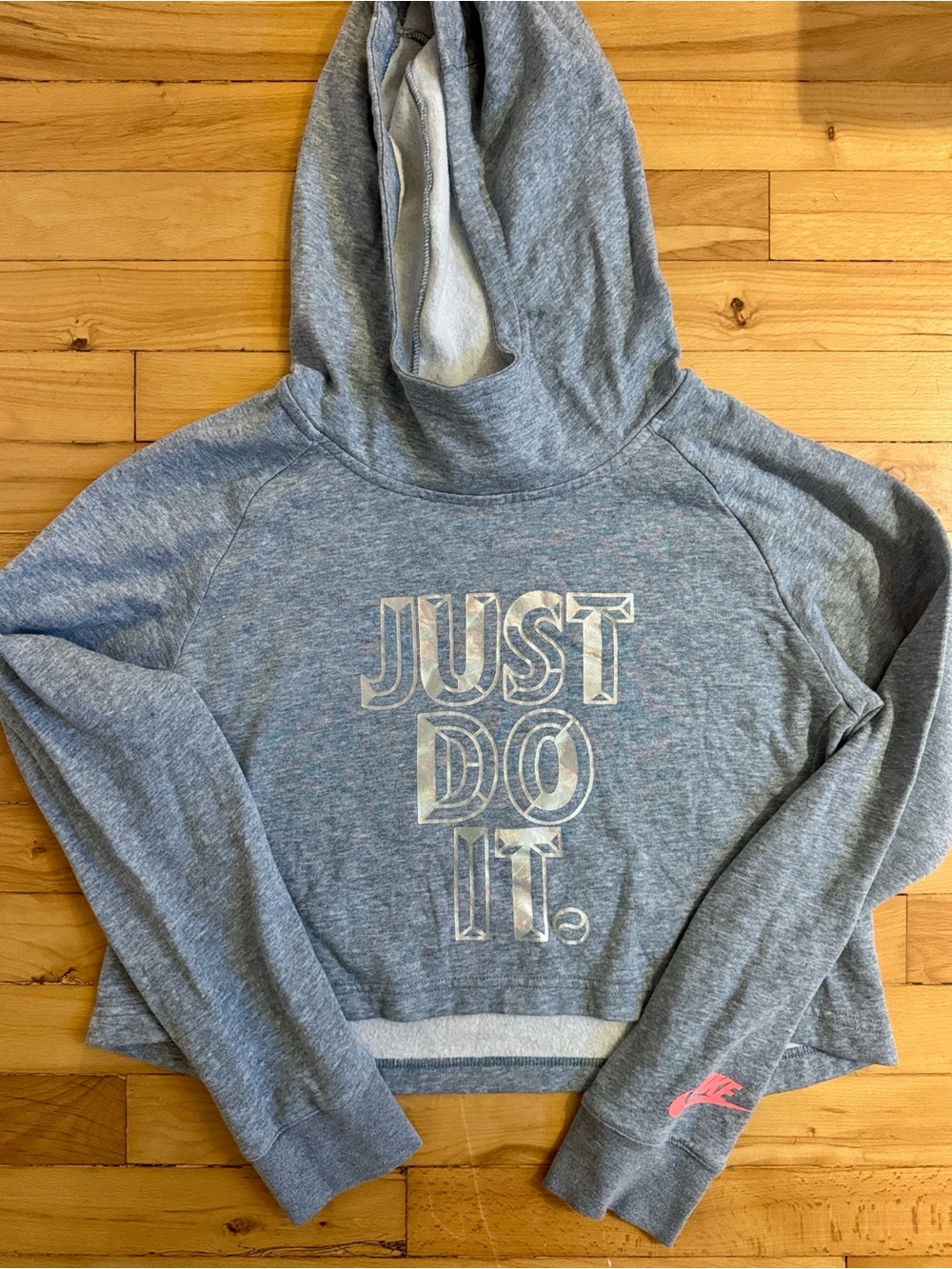 Nike Blue Cropped Hoodie with Iridescent 'Just Do It' Girls XL